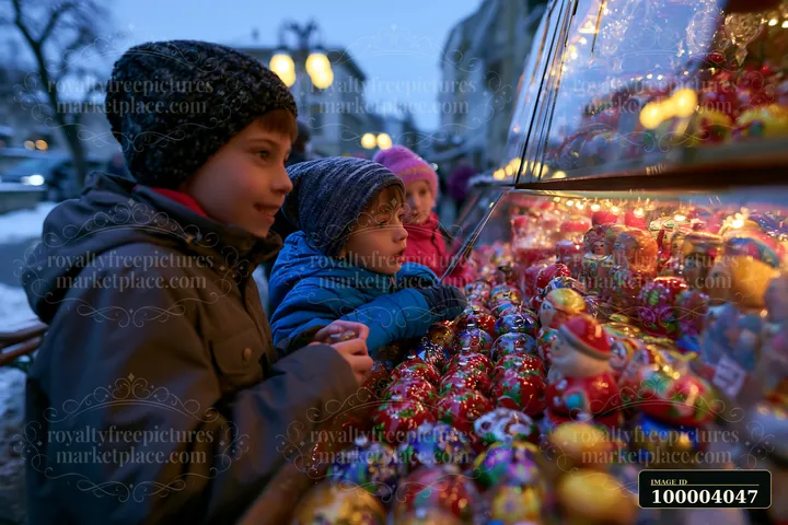 Children look closely at handmade ornaments displayed on a Christmas market stall in the early evening, surrounded by lights and decorations.