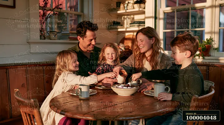 A family drinks hot chocolate around a wooden table in a cozy indoor setting.