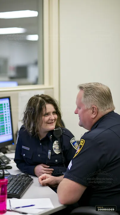 A police chief is talking with an officer at a desk in an office.