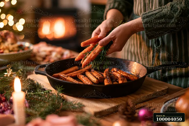 A person prepares carrots in a skillet for Christmas dinner in a cozy kitchen.