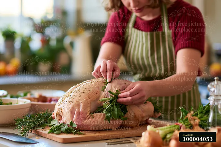 Woman seasoning a whole turkey with fresh herbs on a cutting board in a kitchen.
