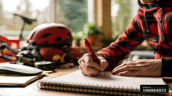 Person writes in a spiral notebook at a desk beside a red helmet and cycling gear.