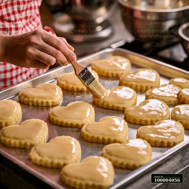 Heart shaped cookies are being decorated with glaze on a metal tray in a kitchen.