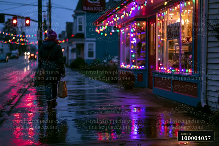 One person walks past a bakery decorated with colorful Christmas lights reflected on wet pavement.