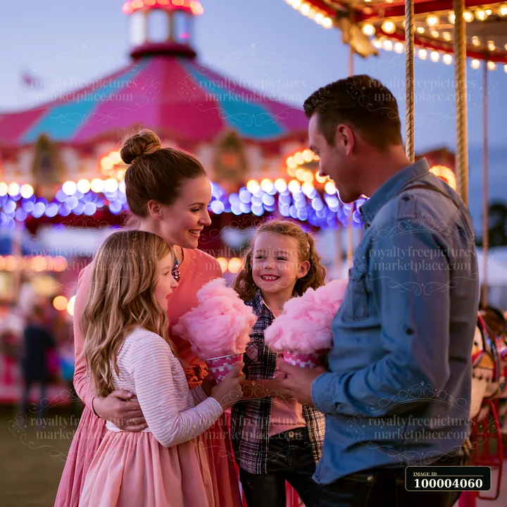 A family of four stands near a fairground carousel, smiling and holding cotton candy.
