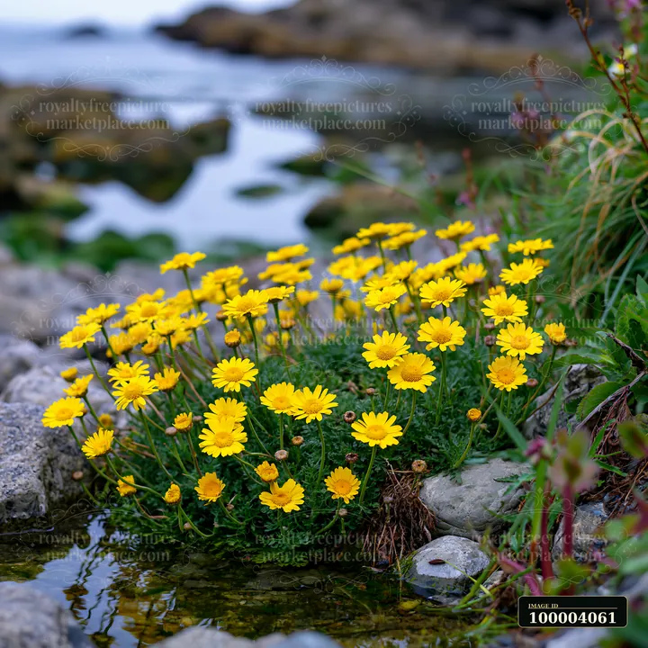 Yellow flowers grow near the water's edge along a rocky shoreline.