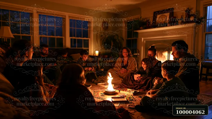 A group of family members sits on the floor around a bright fire in a living room.