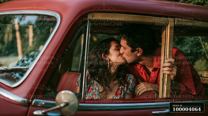 Couple kisses inside a red vintage car, seen through the open side window.
