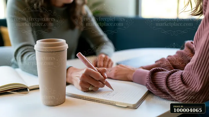 Person writes a gift list in a notebook at a desk while another person sits nearby.