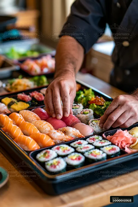 Chef's hands arrange assorted sushi, sashimi, and rolls in a compartmentalized lunch box.