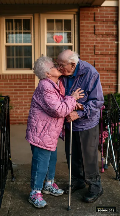 Elderly partners kiss on a porch with a brick background and potted plants.