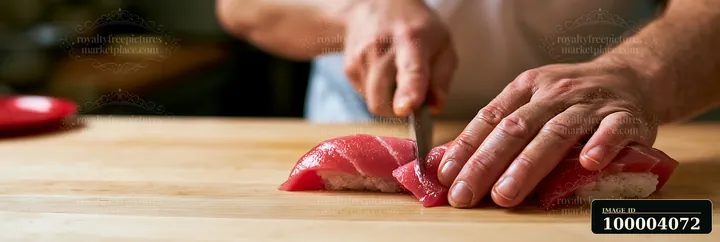 Hands cut tuna nigiri sushi with a knife on a wooden preparation board.