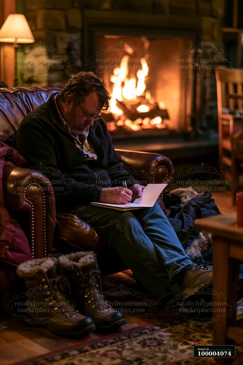 A man sits on a leather chair, writing on a blank sheet of paper in front of a warm fireplace.