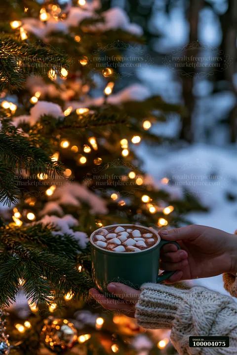 A person holds a cup of warm cocoa topped with marshmallows near a snow-covered tree with Christmas lights.