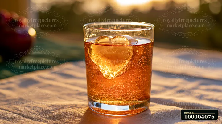 A heart-shaped ice cube is melting in a glass of drink on a table during a summer evening.