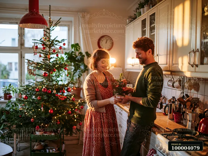 Couple arranging holiday greenery in a warmly lit kitchen beside a decorated Christmas tree.