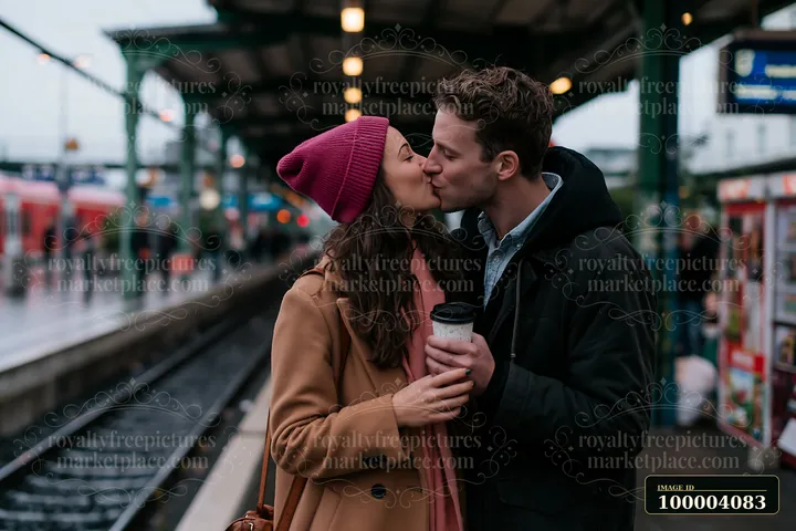 A couple kisses at a train station while holding coffee cups on a rainy morning.
