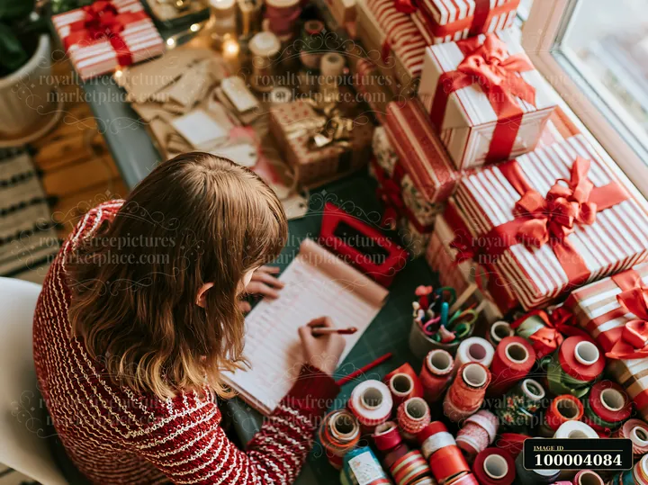 Person writes a gift list at a desk surrounded by wrapped presents and colorful ribbons.