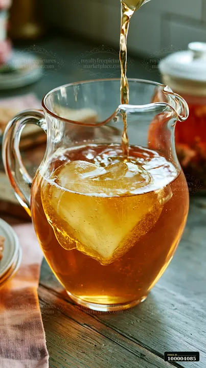 Heart-shaped ice cube melts in an amber drink as liquid pours into a clear glass pitcher on a rustic table.