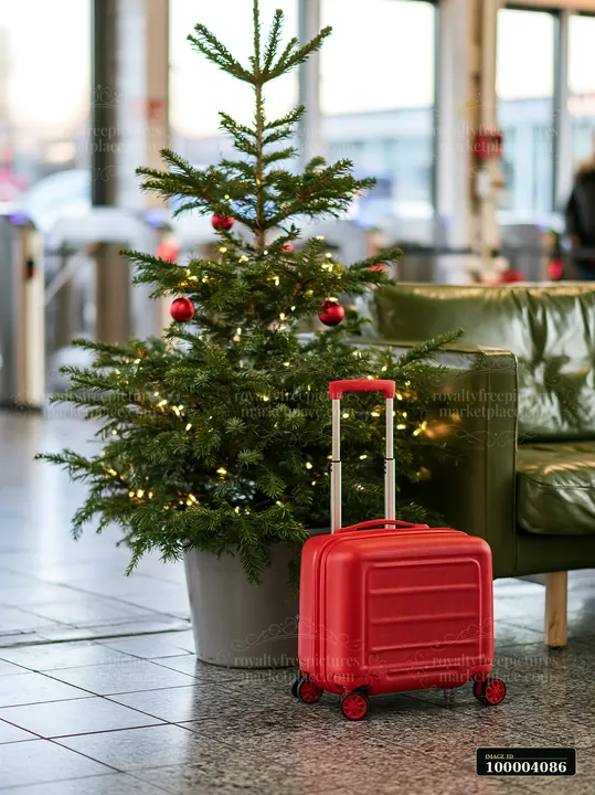 Red rolling suitcase beside a lit Christmas tree in a bright indoor travel setting.