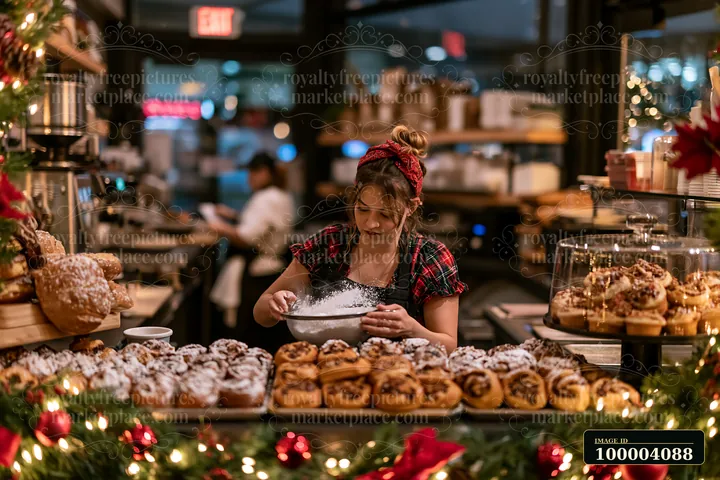 A barista prepares pastries in a festive coffee shop filled with decorations.