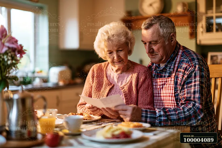 Senior couple reads an anniversary card together at a warmly lit dining table at home.