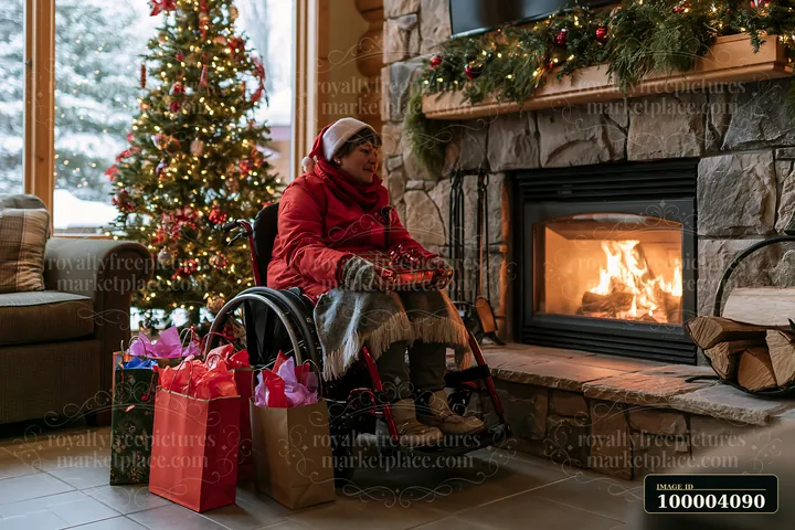 Woman in a wheelchair holds a wrapped gift beside shopping bags, a decorated tree, and a lit stone fireplace.