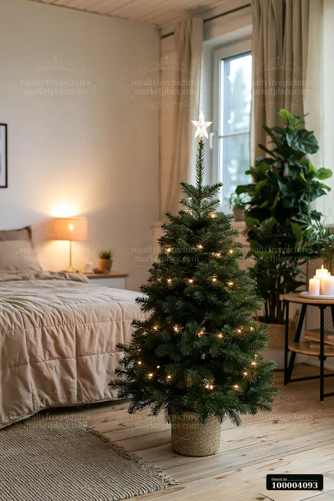 A small apartment features a decorated Christmas tree with lights beside a bed.