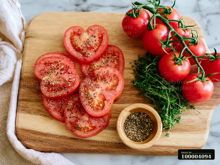 Heart-shaped tomato slices on cutting board for cooking content sit alongside whole tomatoes, herbs, and a bowl of seasoning.