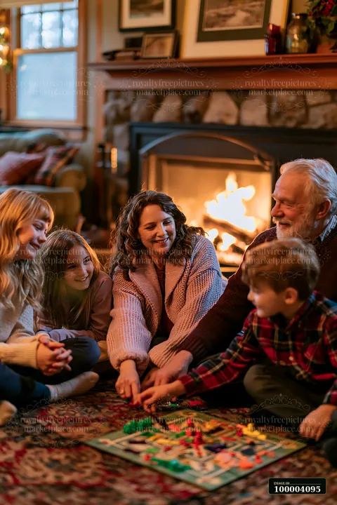 Family members smile and play a board game together beside a glowing fireplace.