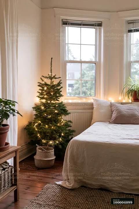 Cozy bedroom with a lit holiday tree beside a bed, windows, houseplants, and warm string lights.