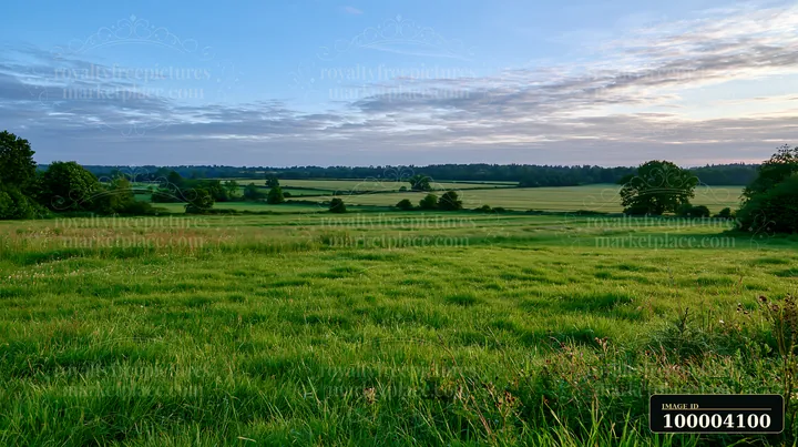 A wide view shows a wildflower meadow with a clear horizon in a green landscape.