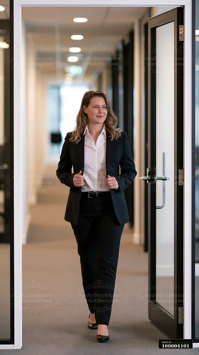 Businesswoman in a black suit walks through a glass doorway in a contemporary office hallway.