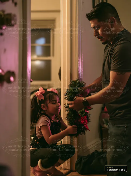 A father helps his daughter hold a Christmas wreath in their apartment.