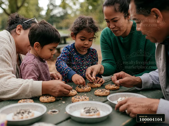 Parents help children decorate cookies at a park table on a sunny day.