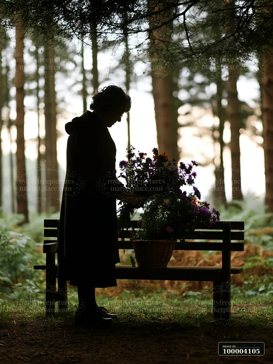 A person stands beside a memorial bench, placing flowers in a basket.