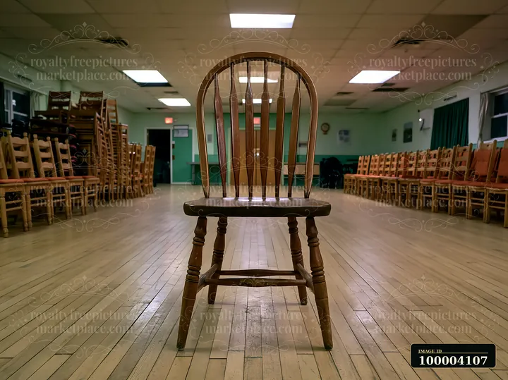 Empty wooden chair centered in a quiet hall surrounded by rows of chairs.