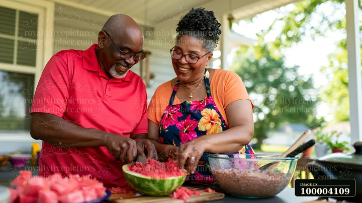 Senior couple prepares food together at a kitchen counter with watermelon and mixing bowls.