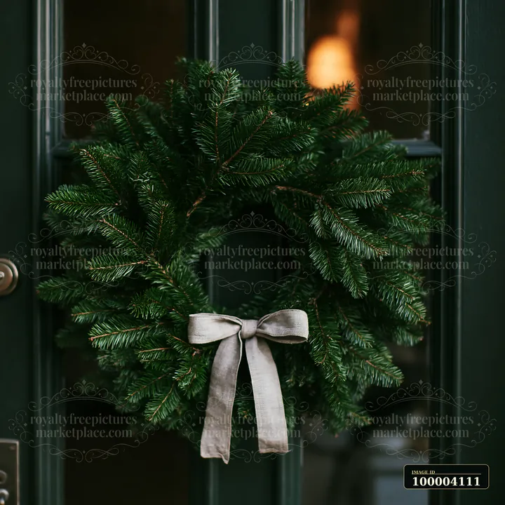 A round Christmas wreath hangs on a dark green apartment door.