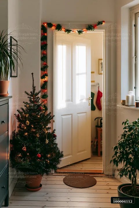 A small apartment features a decorated Christmas tree next to a door.
