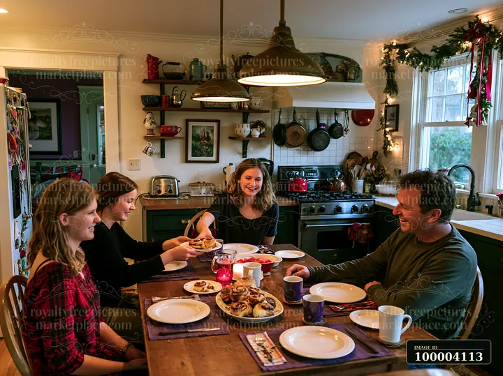 A family gathers around a kitchen table to enjoy breakfast on Christmas morning.