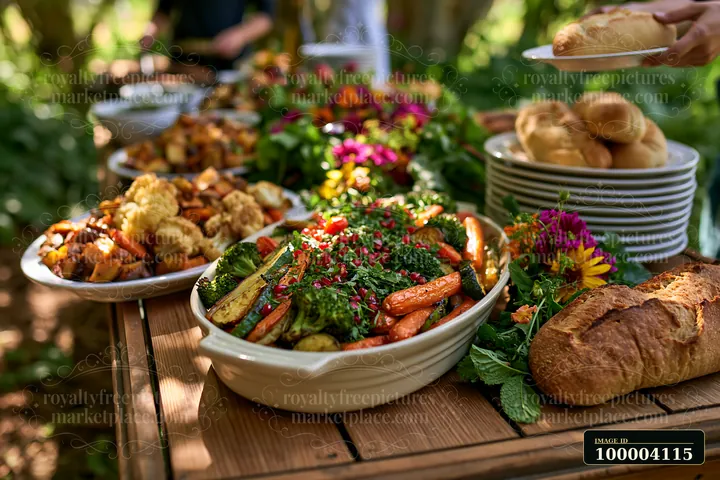 Roasted vegetables, salads, bread, and plates arranged as an outdoor vegetarian buffet on a wooden table.