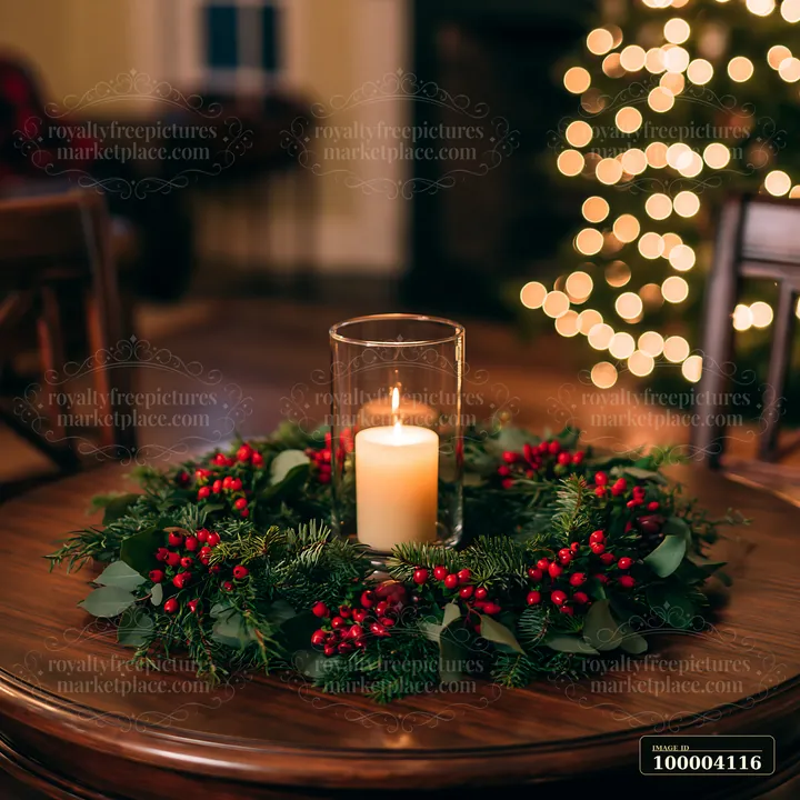 Candle centerpiece with evergreen branches and red berries on a wooden table, with blurred Christmas lights behind it.