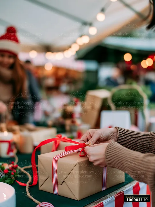 Hands are tying a red ribbon around a gift box while people shop at an outdoor market.