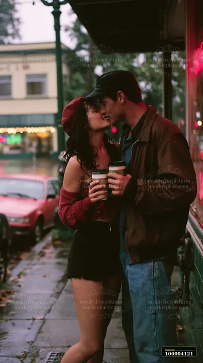 A couple stands close, kissing while holding coffee cups in a cozy cafe setting during rain.