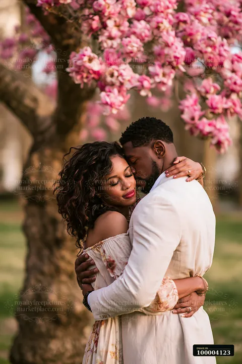 A couple embraces each other outdoors in spring, surrounded by blooming flowers.
