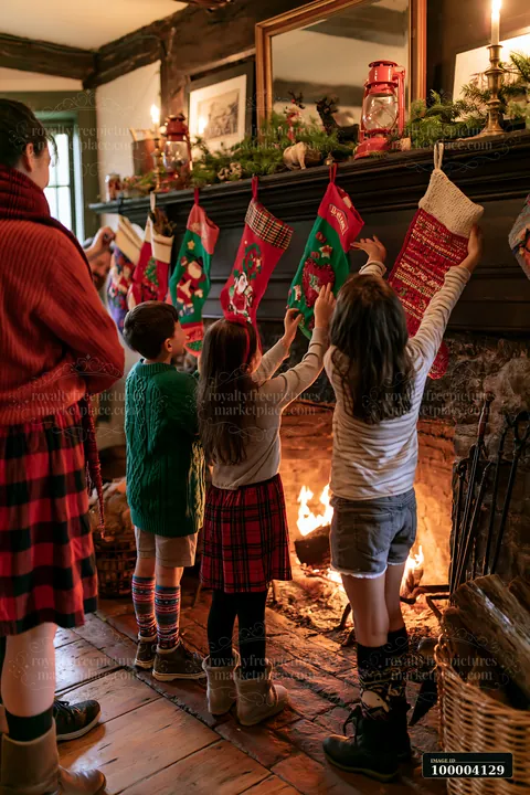 Children hang Christmas stockings above a warm fireplace in a cozy room.