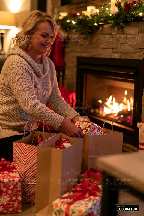A woman is placing presents inside holiday shopping bags beside a fireplace.