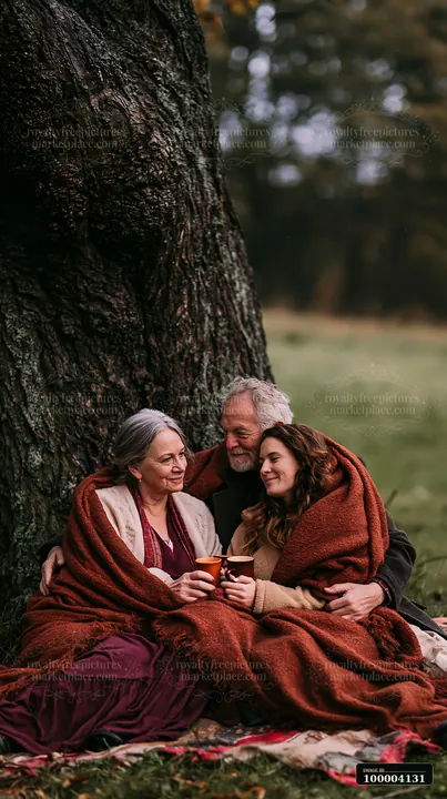 Three people sit together under a large tree, wrapped in warm blankets and smiling as they share drinks.