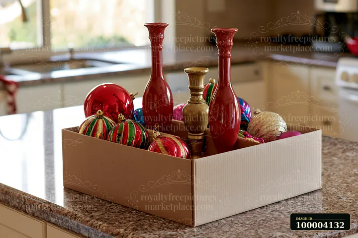 A box filled with colorful ornaments and decorative vases sits on a kitchen countertop.